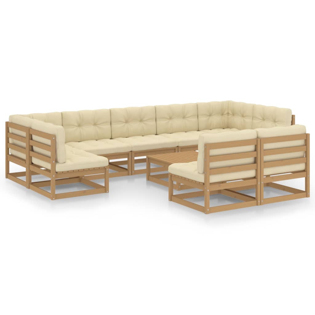 10-tlg. Garten-Lounge-Set Kissen Honigbraun Kiefer Massivholz